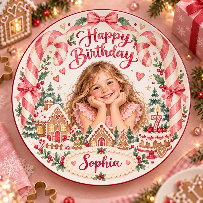 Personalized Christmas Ceramic Plate - Birthday Watercolor Portrait, Gingerbread and Candy Canes