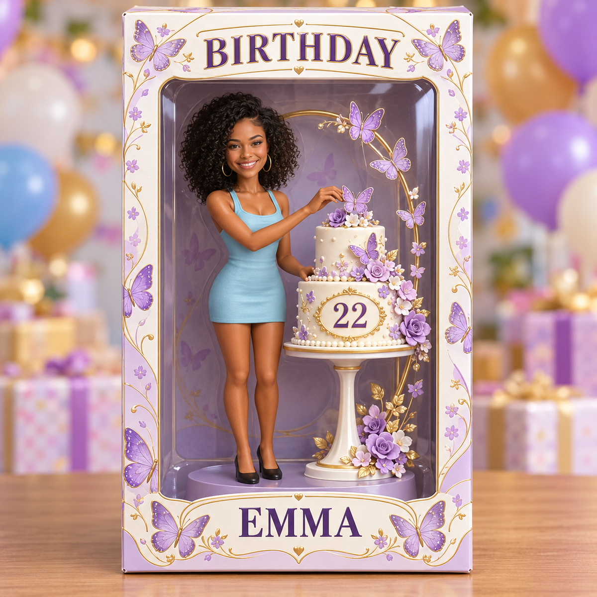Personalized Birthday Display Box - Portrait Figurine with Butterfly Cake, Name and Age