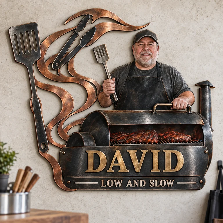 Personalized BBQ Metal Wall Art - Custom Portrait and Name, Grilling Wall Decor