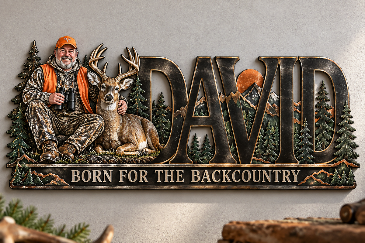 Personalisierte Jagd Metall-Schild - Individuelles Foto und Namens Wandkunst mit Wald- und Bergdesign