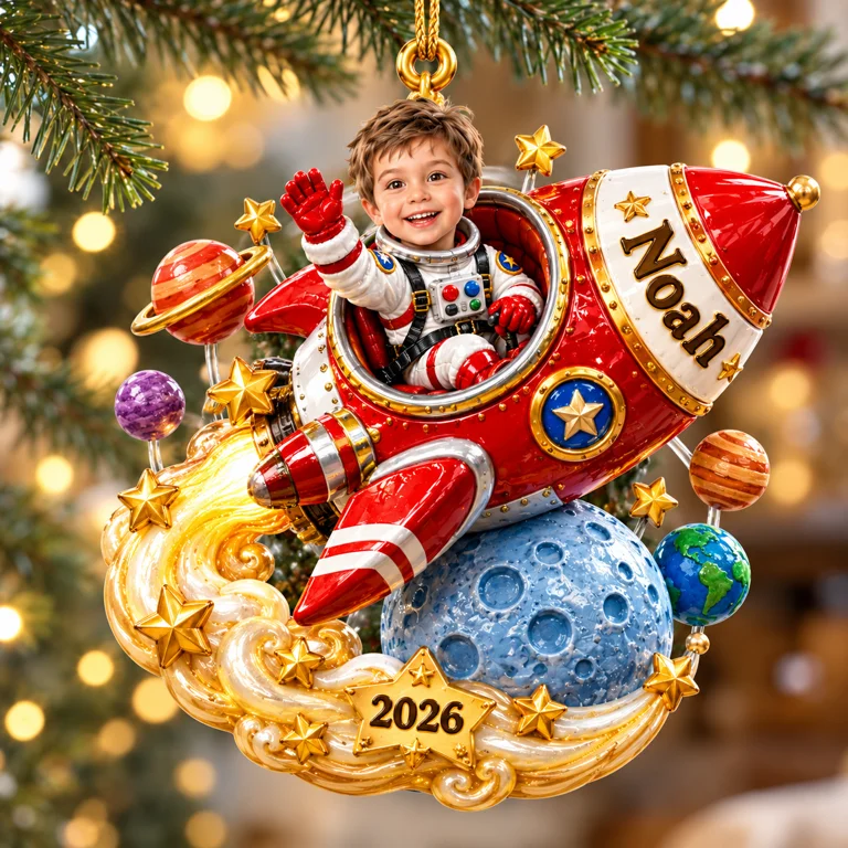 Personalized Custom Photo Rocket 3D Ornament - 2026 Christmas Gift for Boys