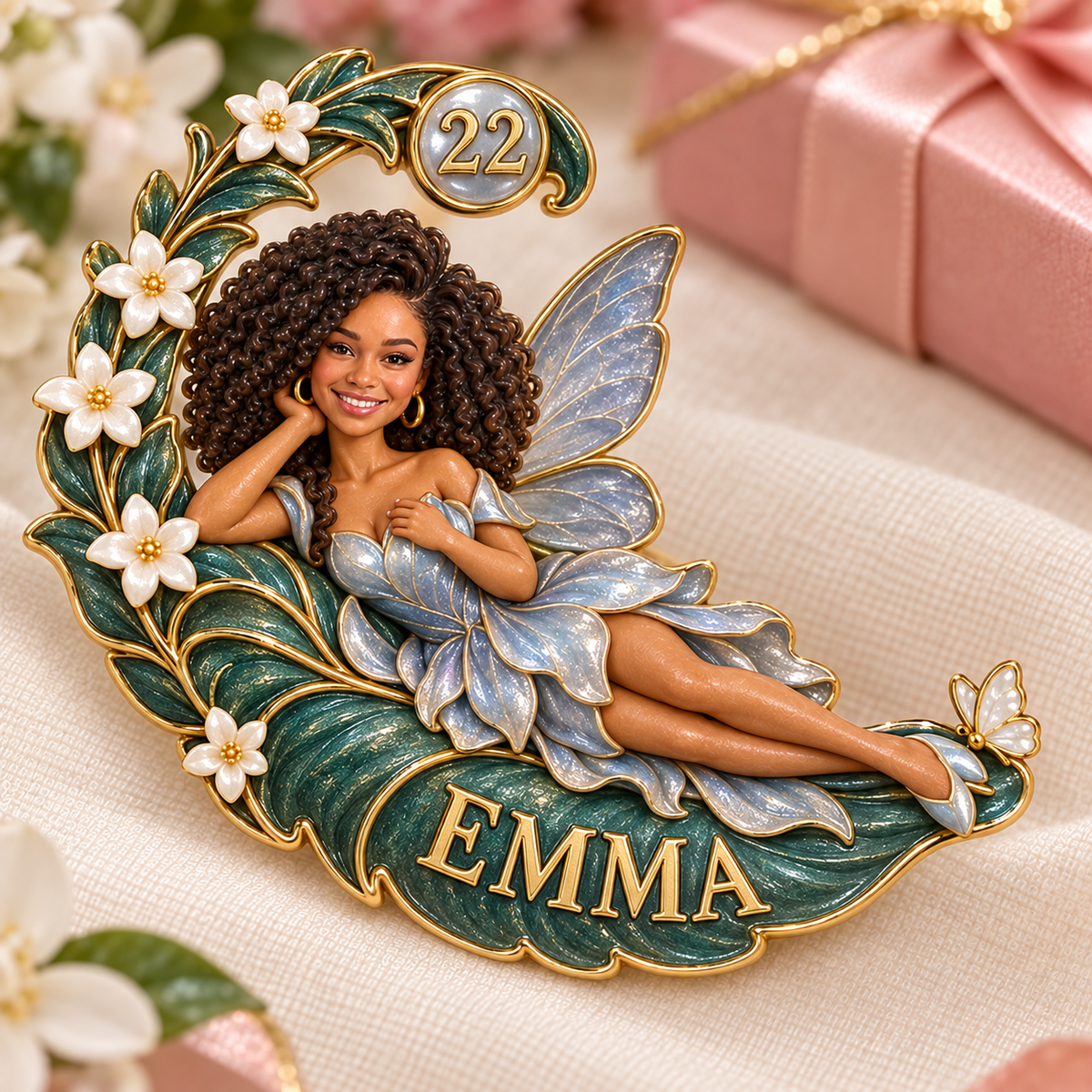 Personalized Reclining Fairy Brooch - Birthday Gift with Custom Photo, Name and Age, Crescent Fern Leaf