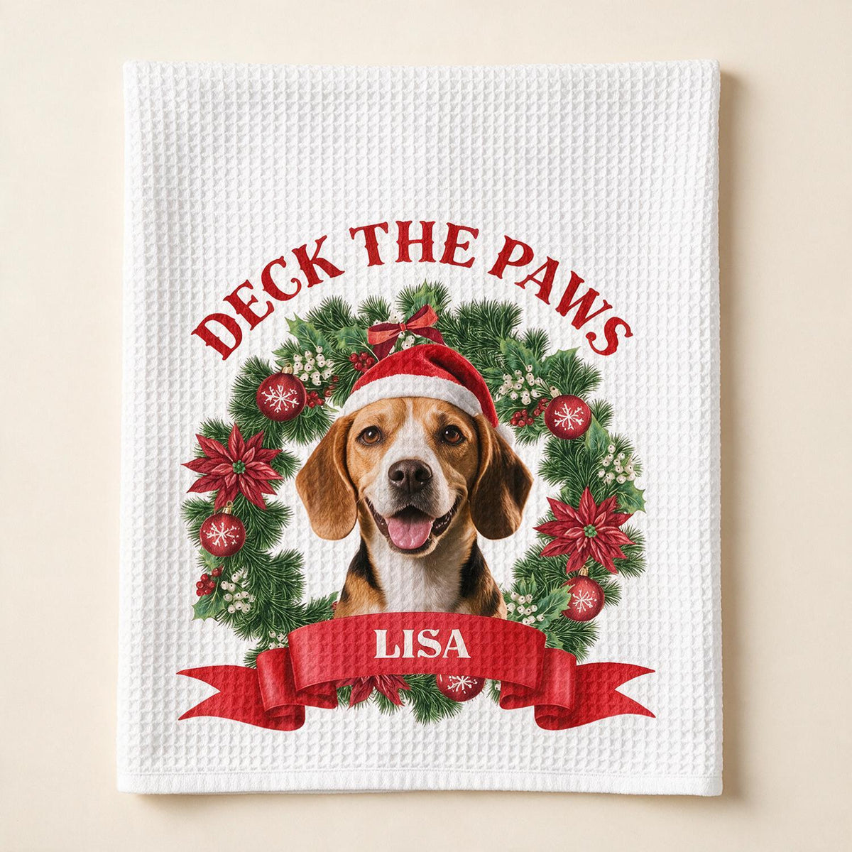 Personalized Christmas Beagle Kitchen Towel - Deck The Paws Dog Mom Holiday Gift