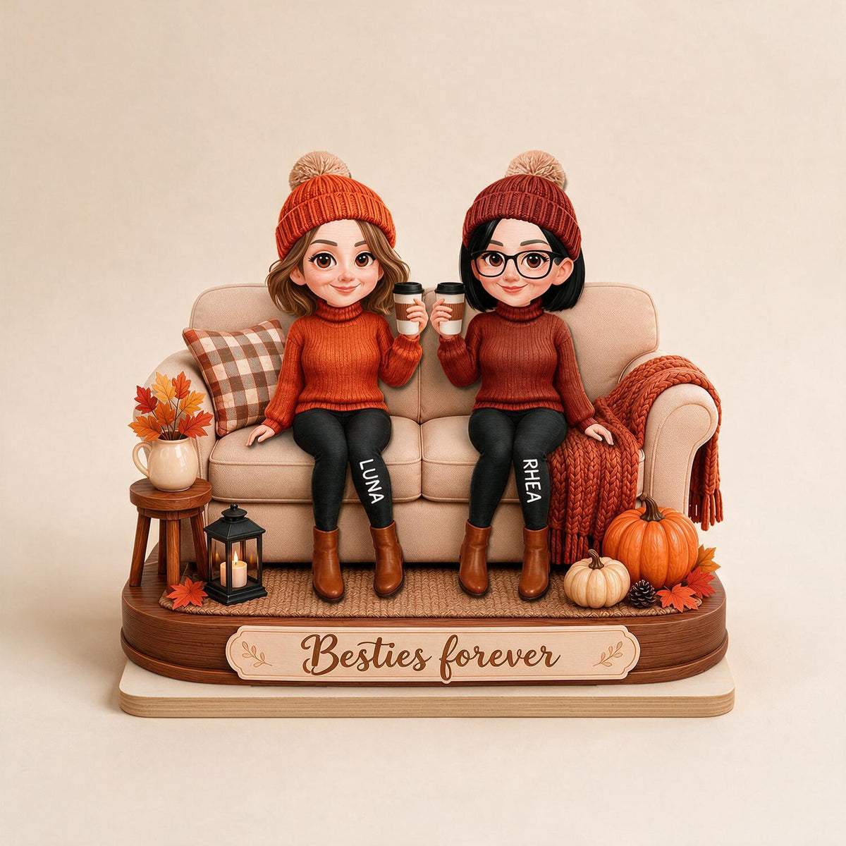 Personalized Fall Besties Forever On Sofa Wooden Plaque, BFF Friendship Gift