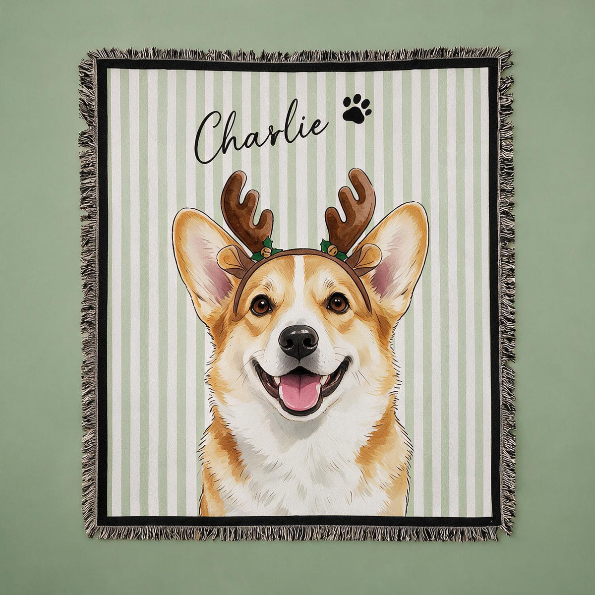 Couverture tissée rayée en Corgi Renne souriant personnalisée, cadeau portrait d'animal