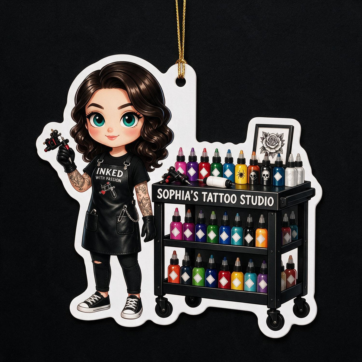 Personalized Christmas Female Tattoo Artist Acrylic Ornament, Tattoo Studio Cart Ink Lover Gift