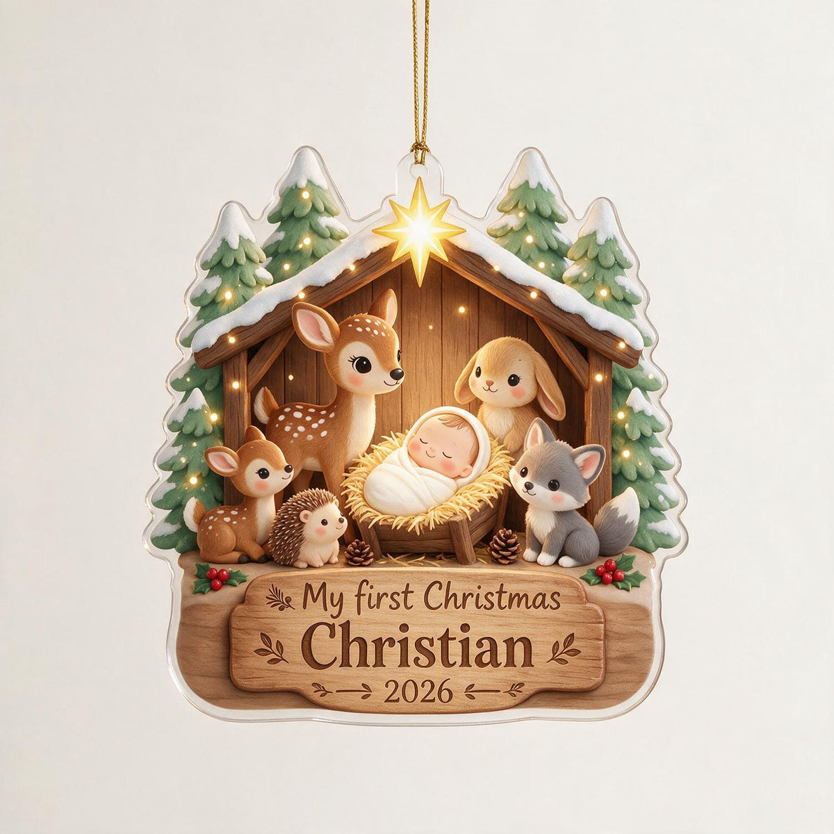 Personalized Christmas My First Christmas Woodland Animals Nativity Acrylic Ornament Baby Keepsake Gift