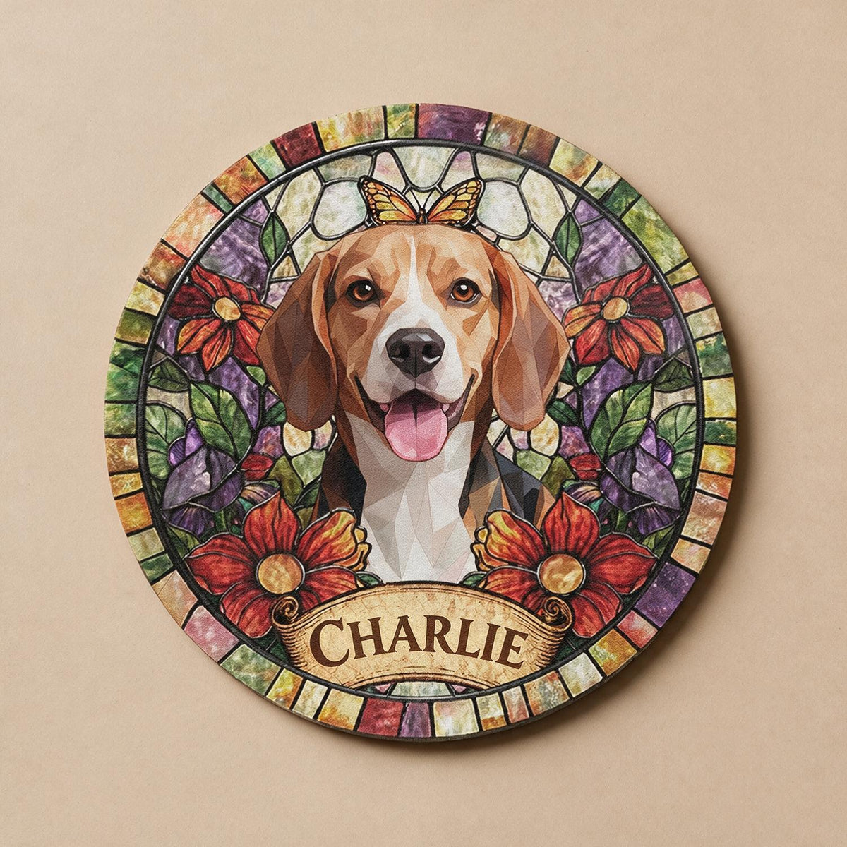 Personalized Smiling Beagle Stained Glass Style Garden Stone Pet Loss Memorial Gift