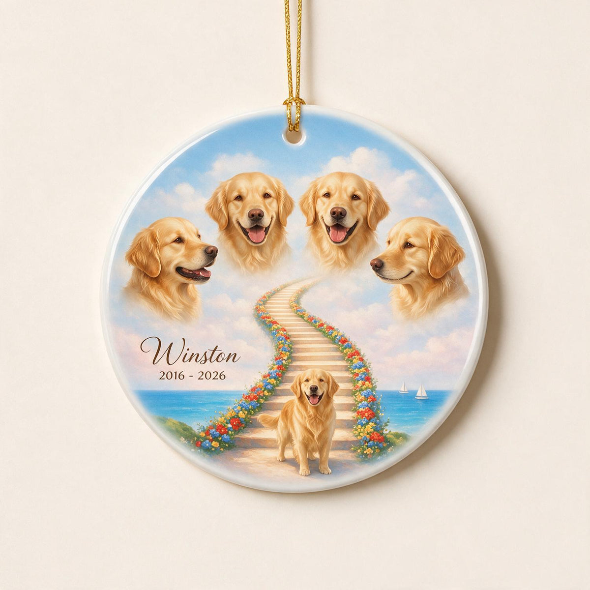 Pet Memorial Stairway To Heaven - Personalized Ceramic Ornament - Custom Pet Photo, Pet Loss Gift, Sympathy Gift