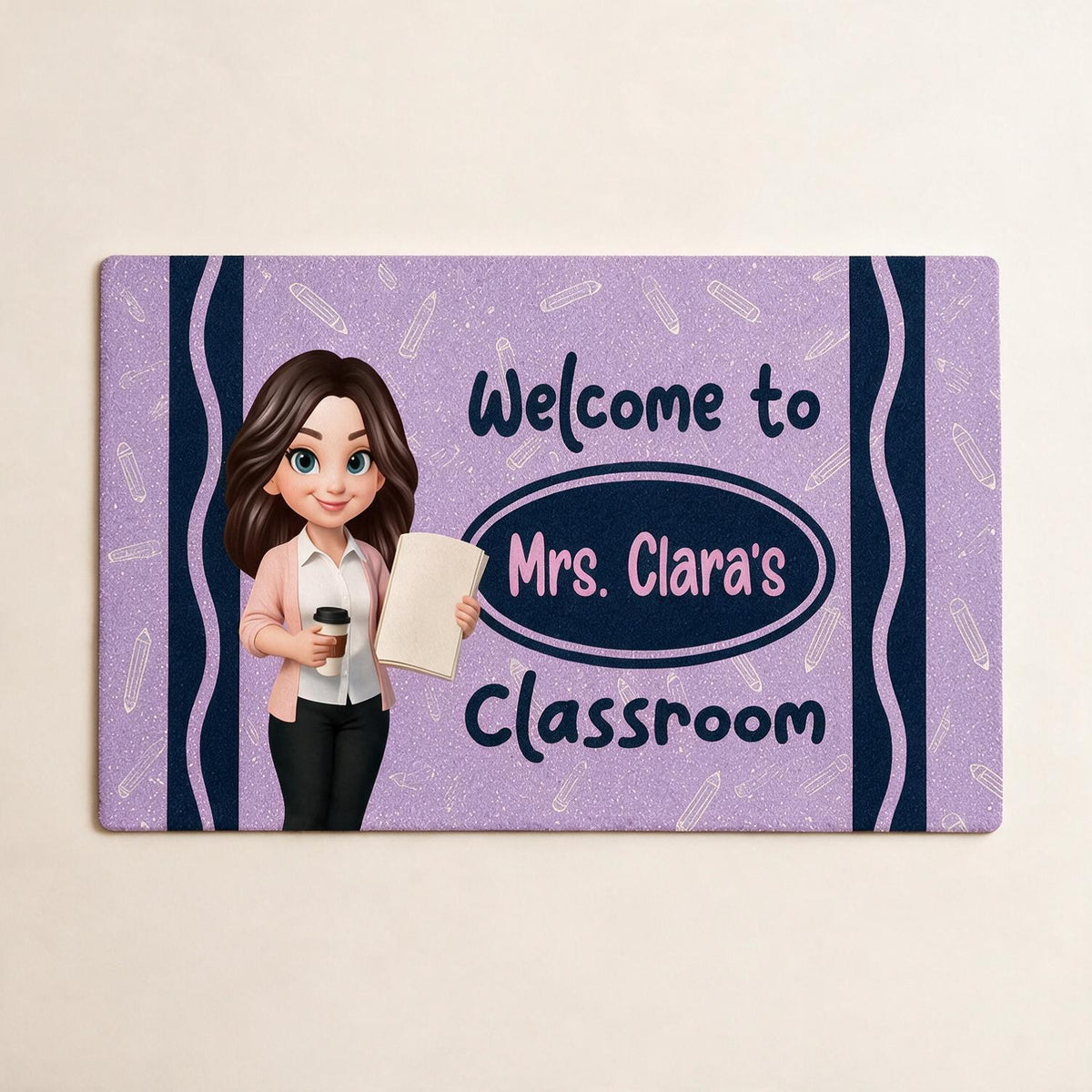 Personalized Back To School Teacher Purple Crayon Welcome Classroom Doormat, Custom Class Decor Gift