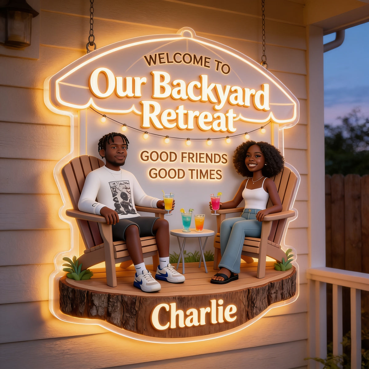 Personalized Black Couple Backyard Patio LED Acrylic Sign Home Decor