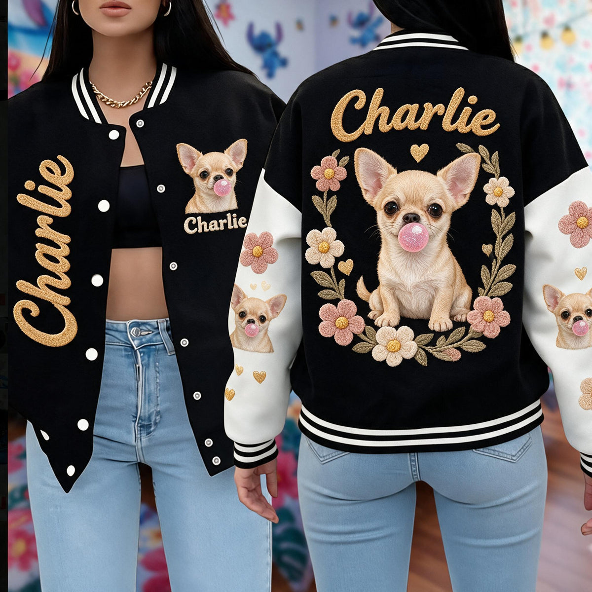 Personalized Fawn White Chihuahua Puppy Varsity Jacket Dog Lover Gift
