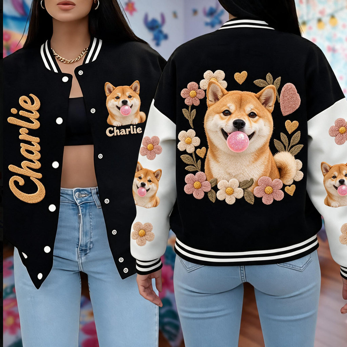 Personalized Tan White Adult Shiba Inu Varsity Jacket Casual Streetwear