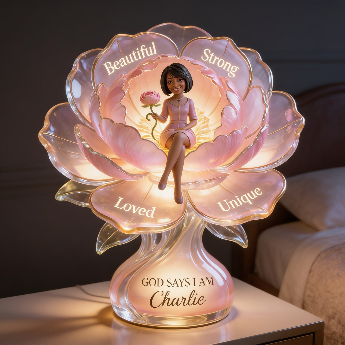 Personalized Middle-Aged Black Woman Acrylic LED Night Light Self Love Gift