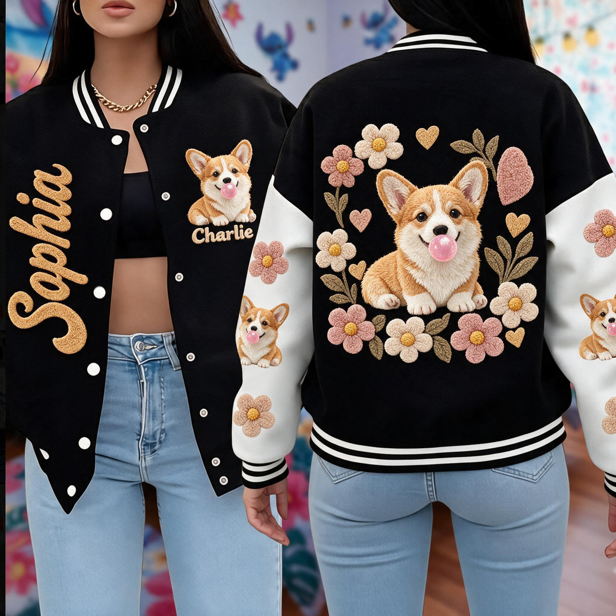 Personalized Tan & White Adult Pembroke Welsh Corgi Varsity Jacket Dog Lover Gift