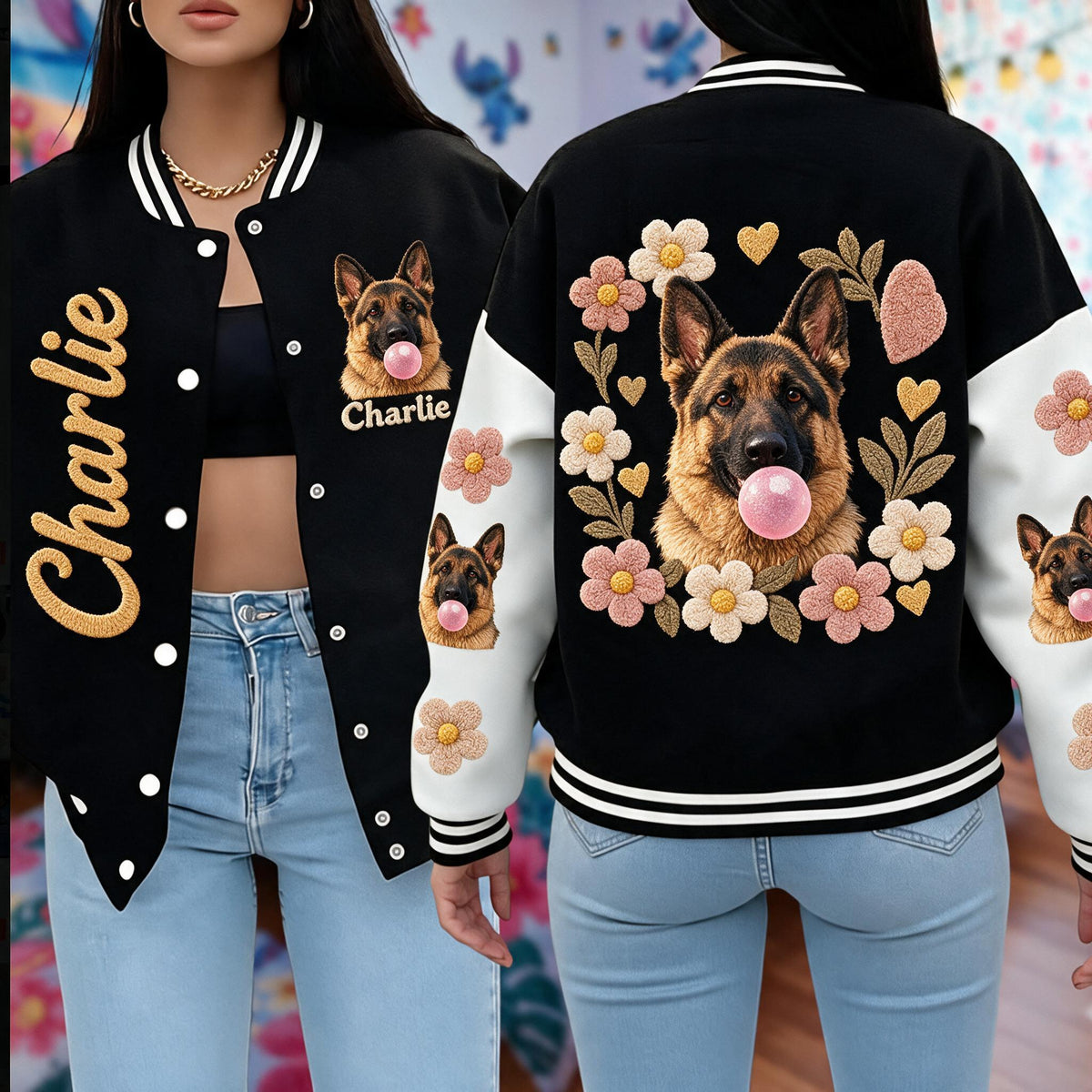 Personalized Black and Tan Adult German Shepherd Varsity Jacket Dog Lover Gift