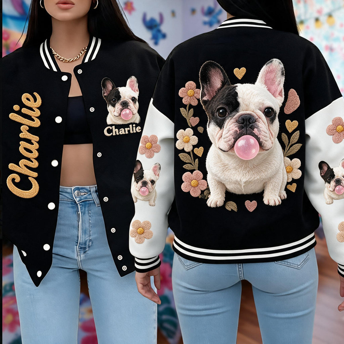Personalized Black and White French Bulldog Varsity Jacket Dog Lover Gift