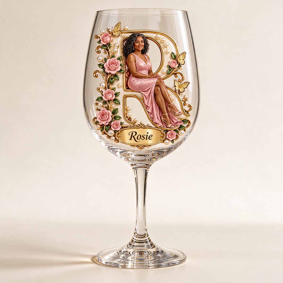 Personalized Custom Photo Rose and Butterfly Wine Glass - Gift for Older Women