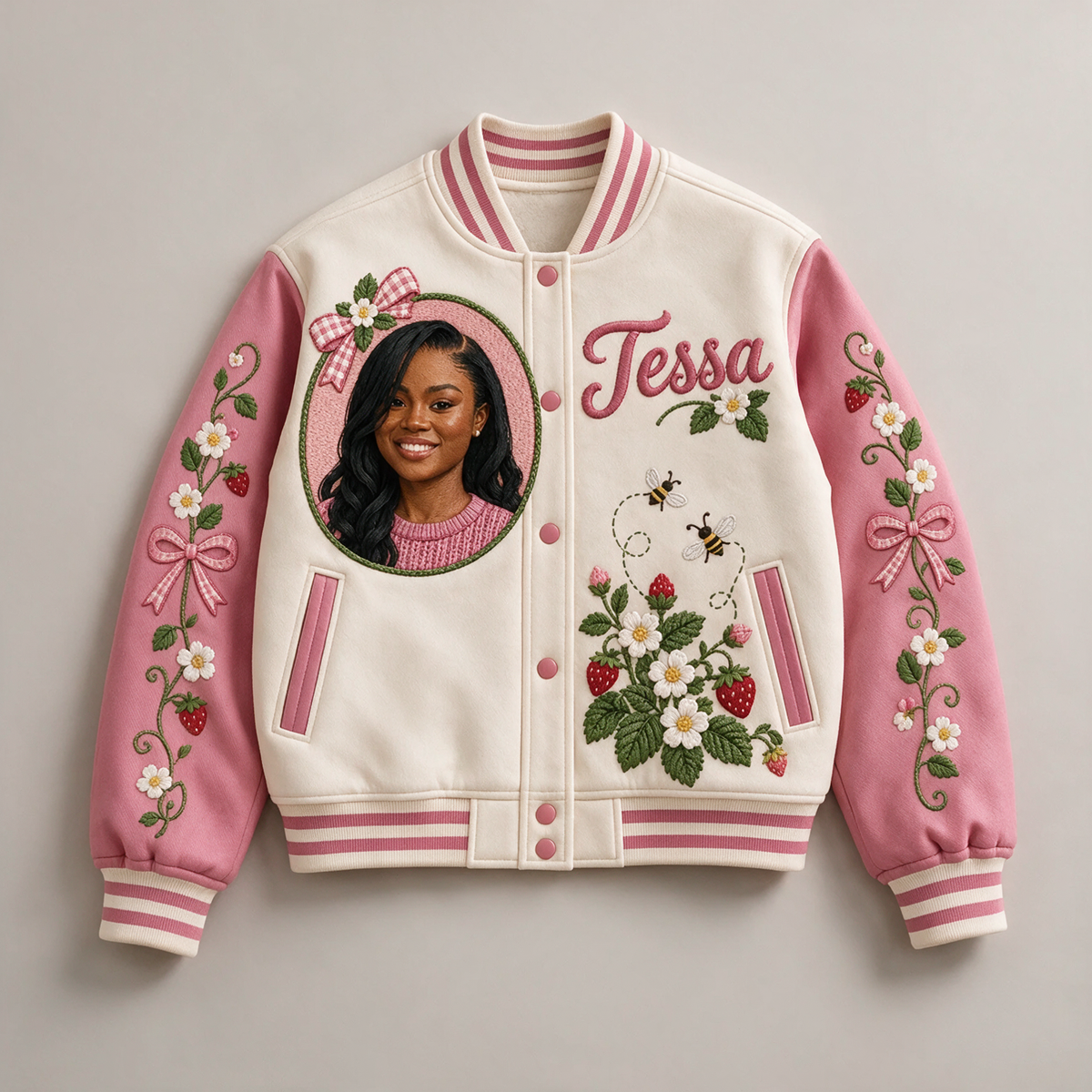 Personalized Strawberry Bow Varsity Jacket - Women's Birthday Gift with Portrait and Name
