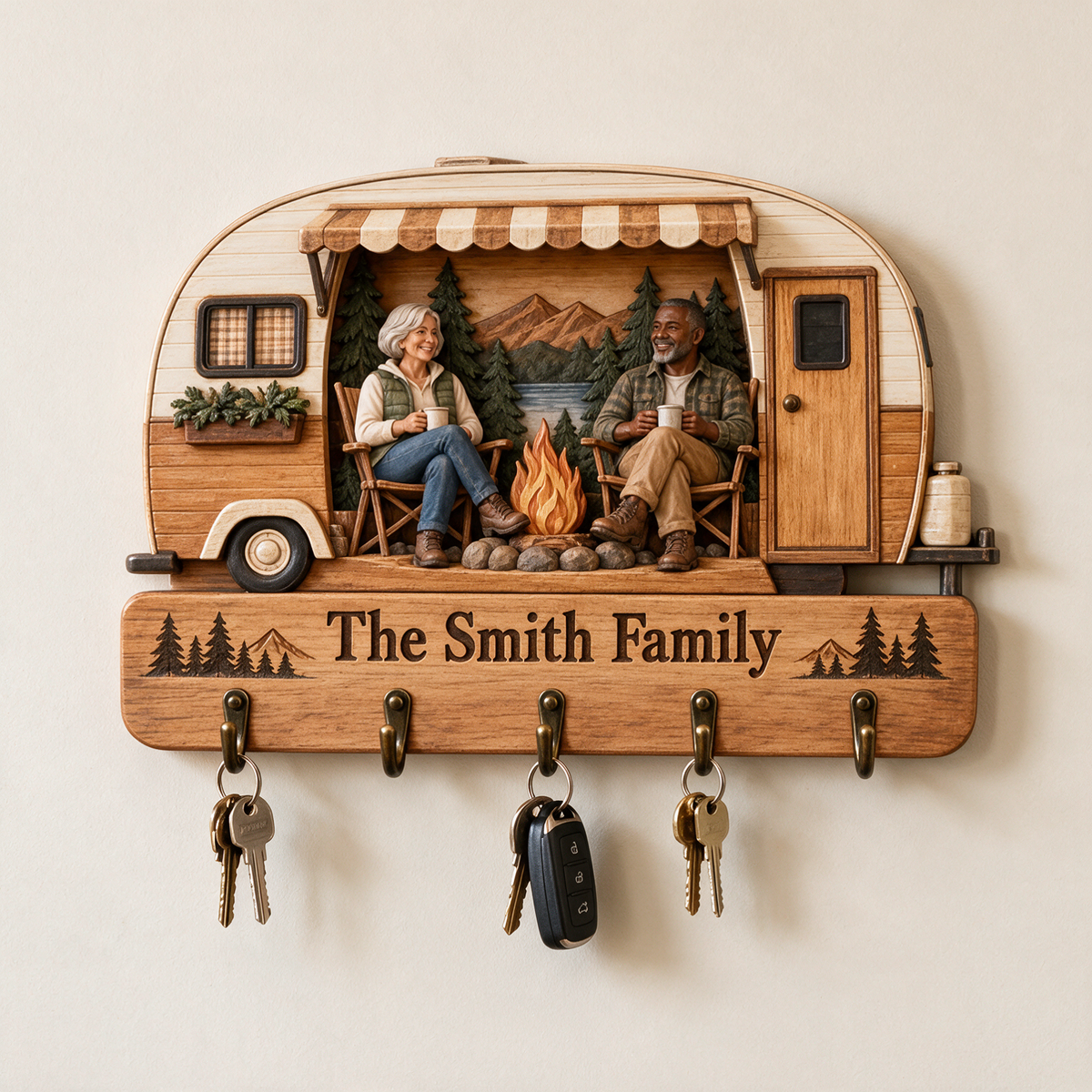 Personalized Camping Key Rack - Camper Shape with 5 Hooks
