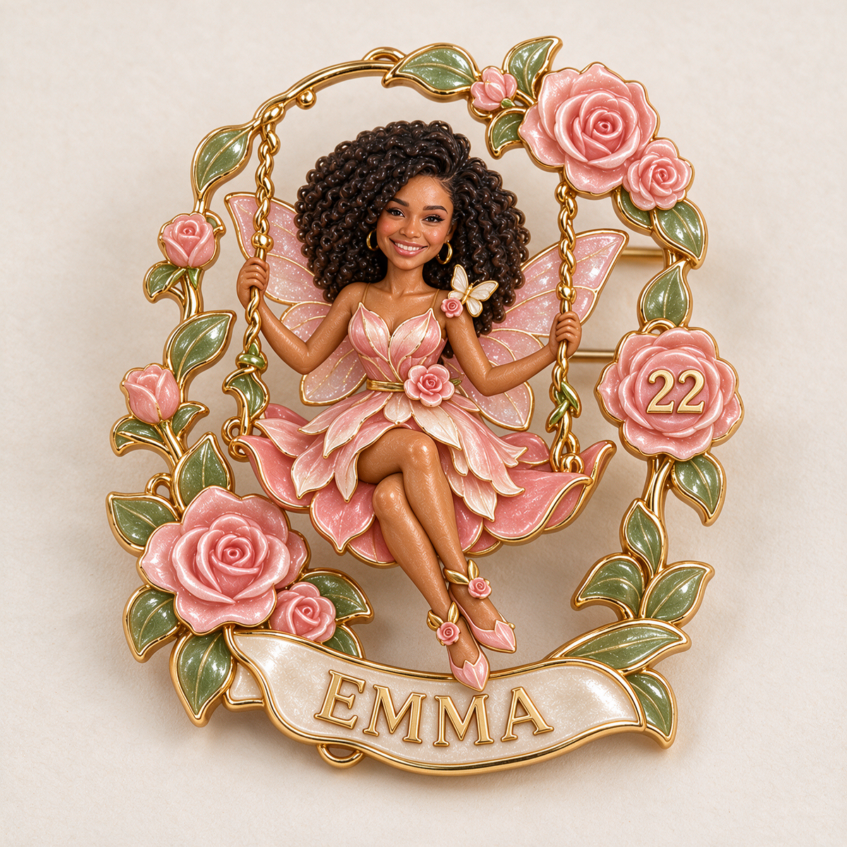 Personalized Birthday Fairy Brooch - Rose Swing, Portrait, Name and Age