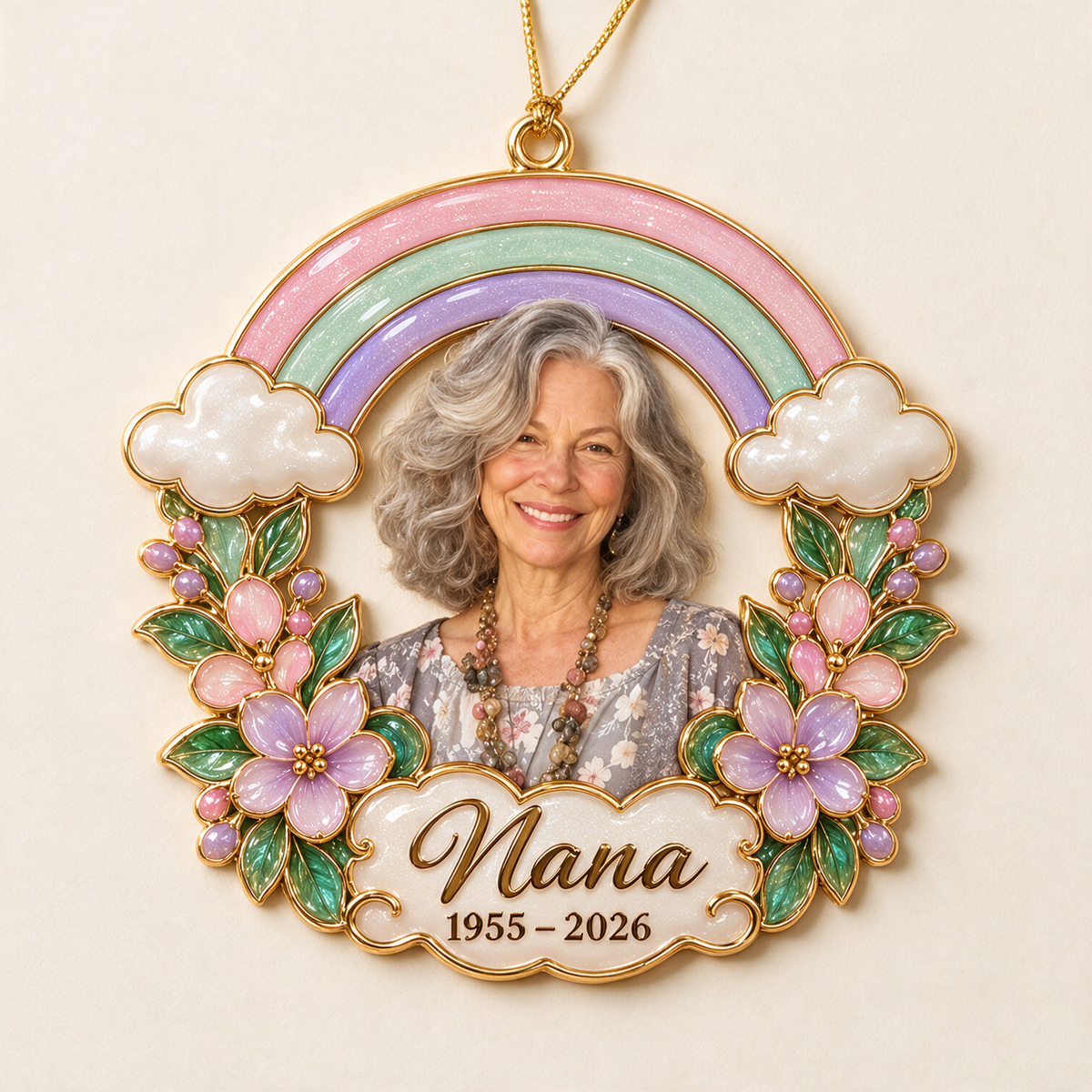 Personalized Custom Photo Rainbow Floral Memorial Christmas Ornament - In Memory of Grandma