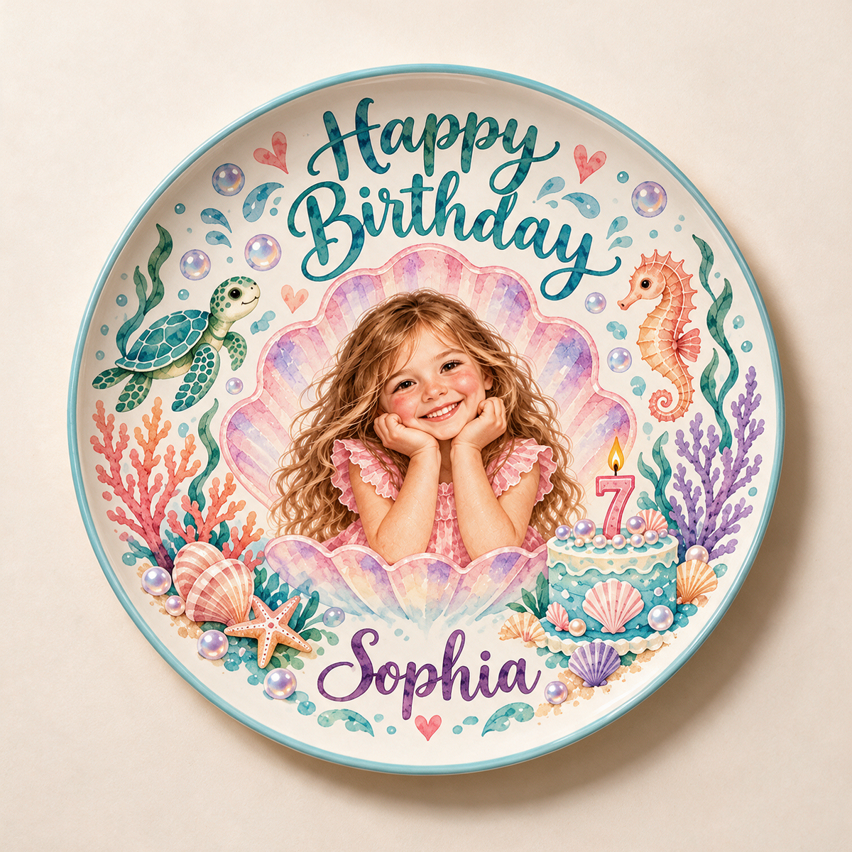 Personalized Birthday Ceramic Round Plate - Ocean Watercolor Portrait Gift