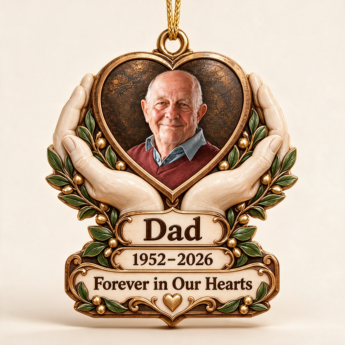 Personalized Custom Photo Dad Memorial Hands Holding Heart 3D Ornament - Christmas Remembrance Keepsake