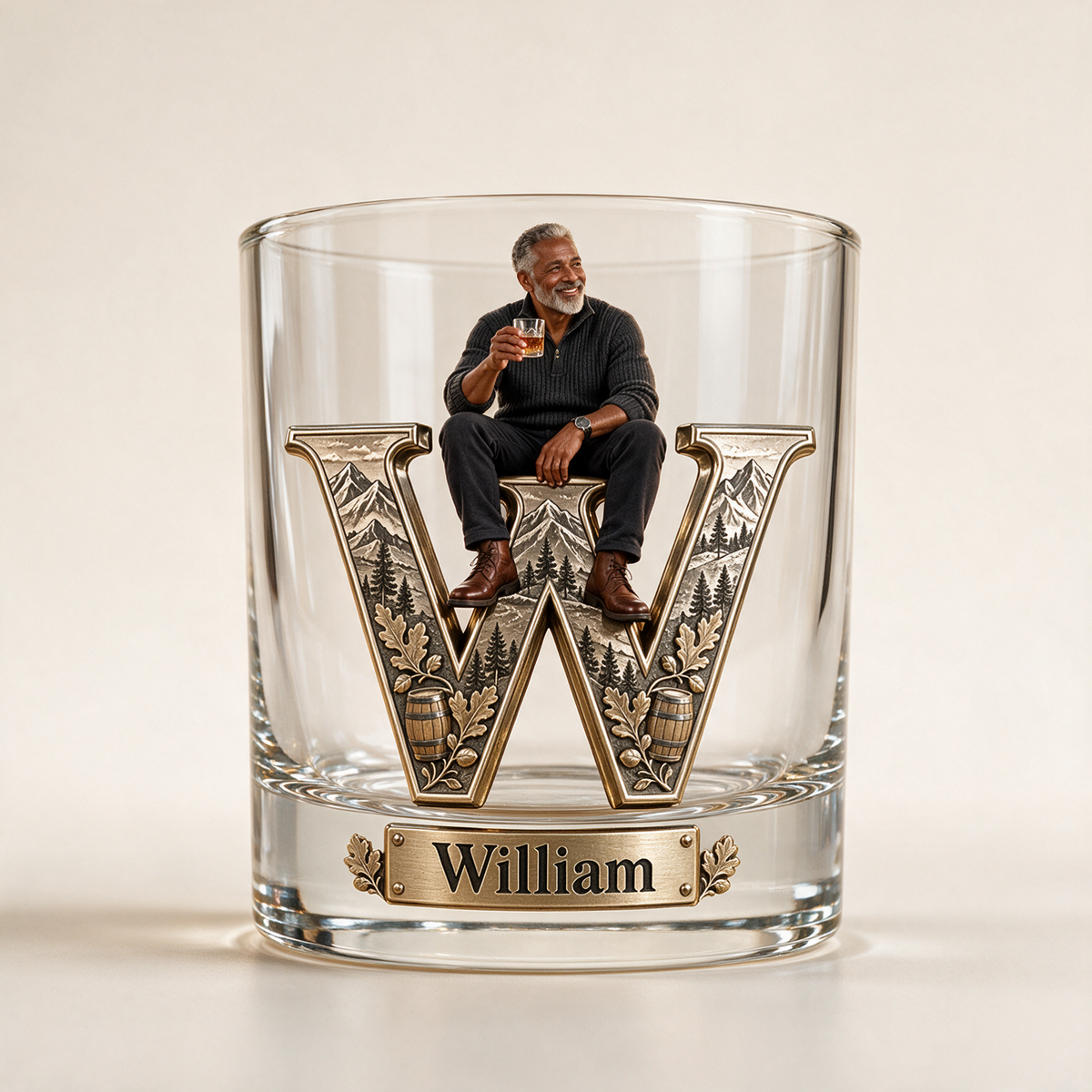 Personalized Custom Photo Mountain Monogram Whiskey Glass - Gift for Older Men Who Love Whiskey