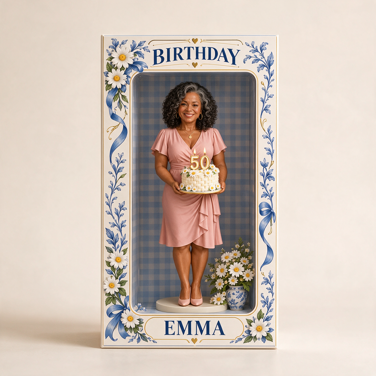Personalized Custom Photo Blue Daisy Figurine in Acrylic Display Box - 50th Birthday Gift for Women
