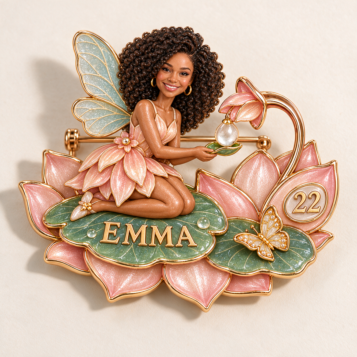 Personalisierte Lotus-Dew Wunschfee Brosche - Geburtstagsgeschenk mit Foto, Name und Alter
