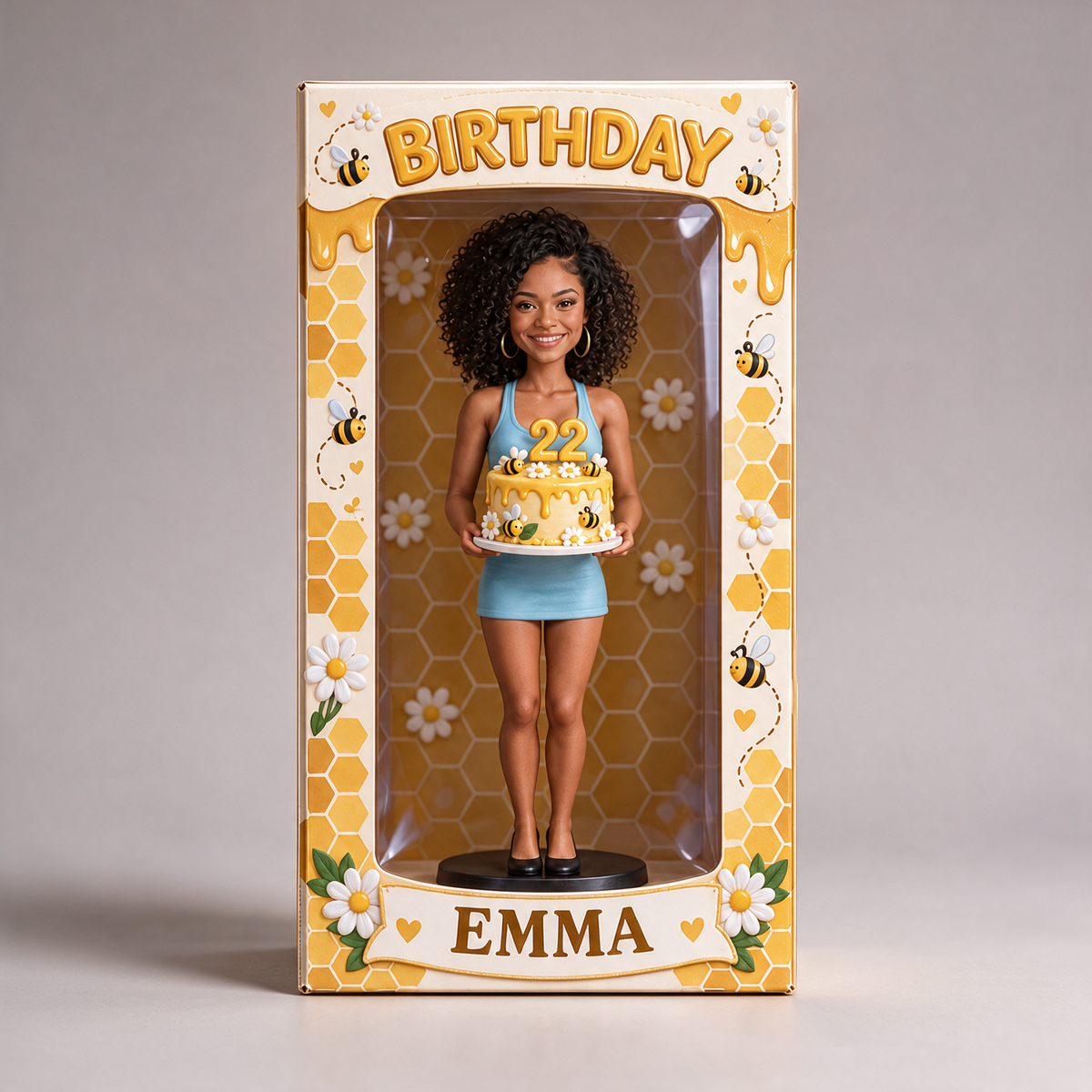 Personalized Birthday Display Box - Portrait Figurine, Bee Cake, Name and Age