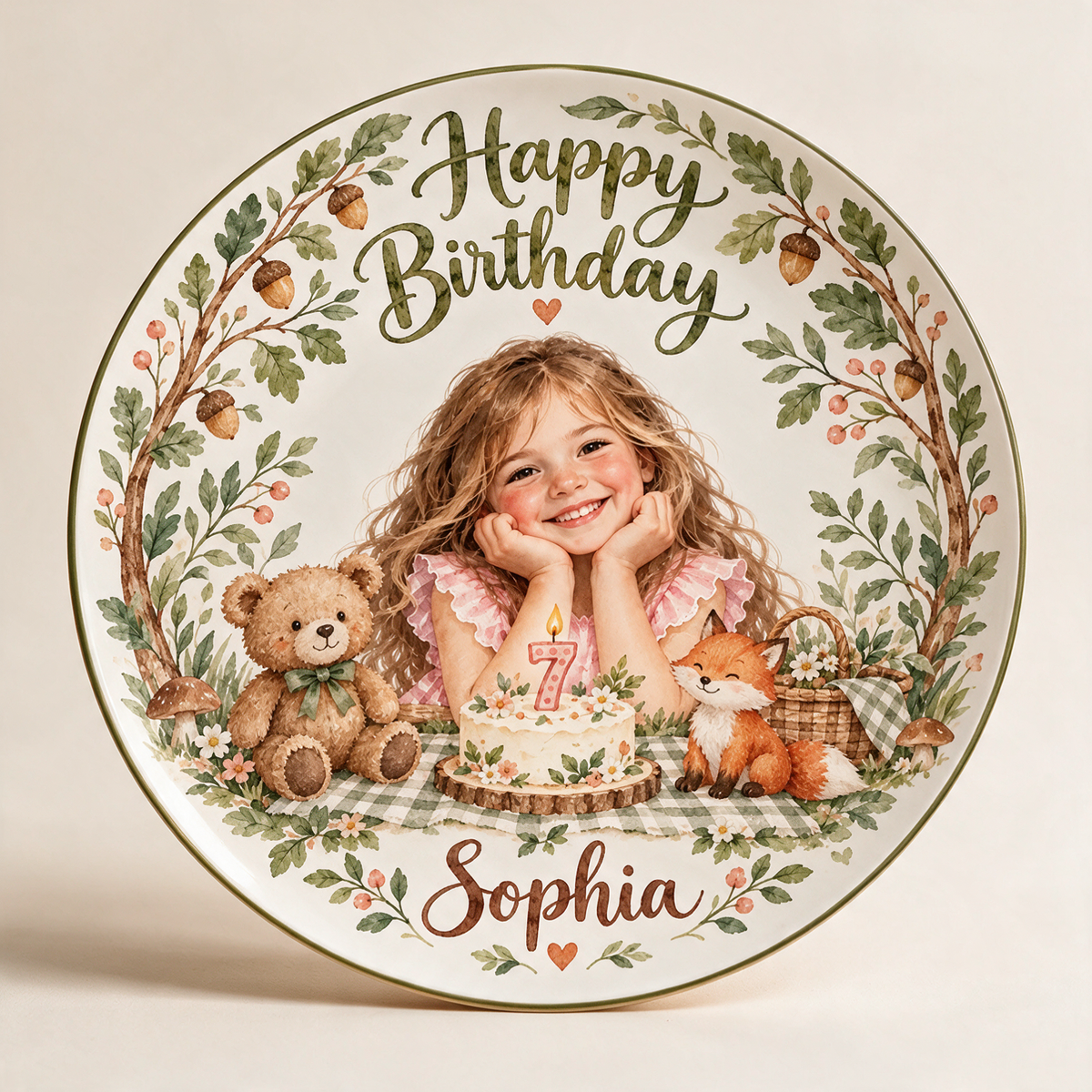 Personalized Birthday Ceramic Round Plate - Woodland Watercolor Portrait Gift