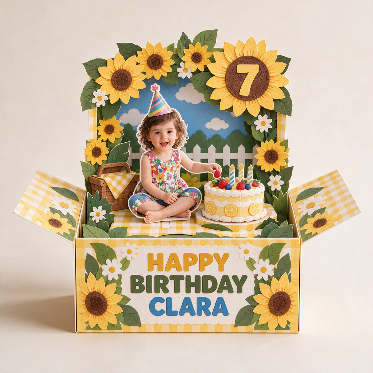 Personalisierte Sonnenblumen Pop-Up Box Karte - Geburtstagskuchen Picknick mit Foto, Name und Alter