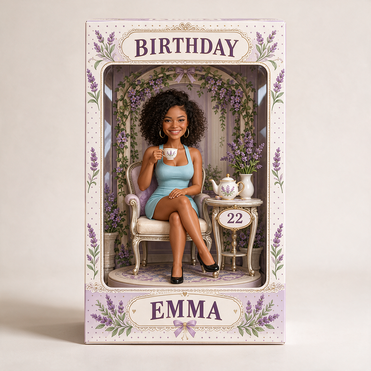 Boîte d'Affichage Figurine d'Anniversaire Personnalisée - Portrait Photo de Thé Lavande avec Nom et Âge Personnalisés