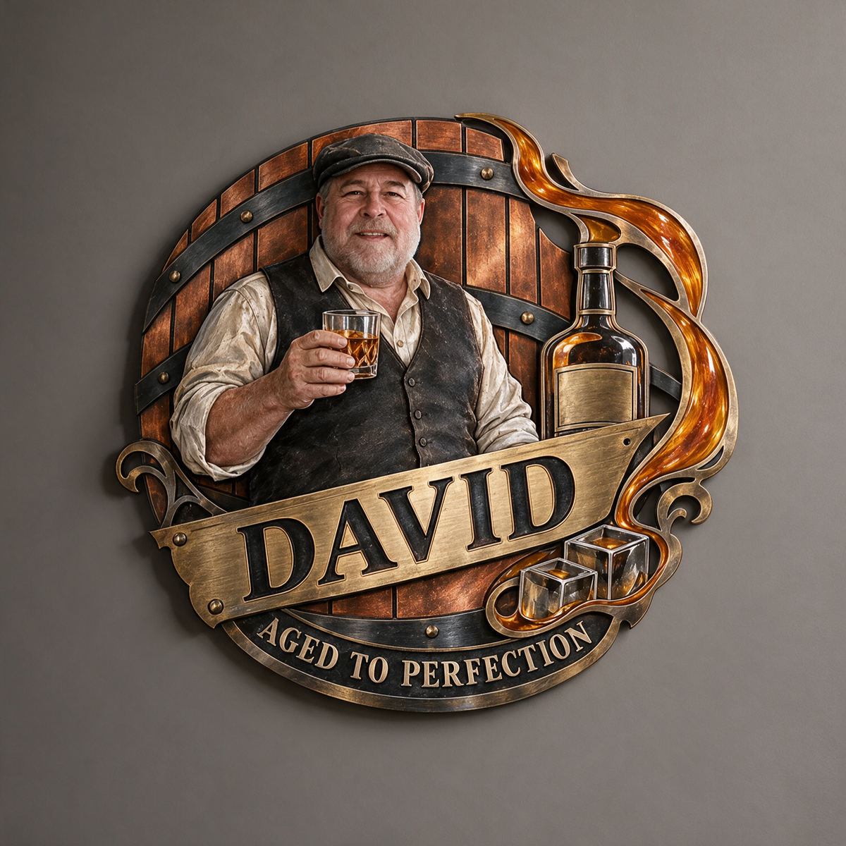Personalized Whiskey Lover Metal Wall Art - Custom Portrait and Name, Home Bar Decor