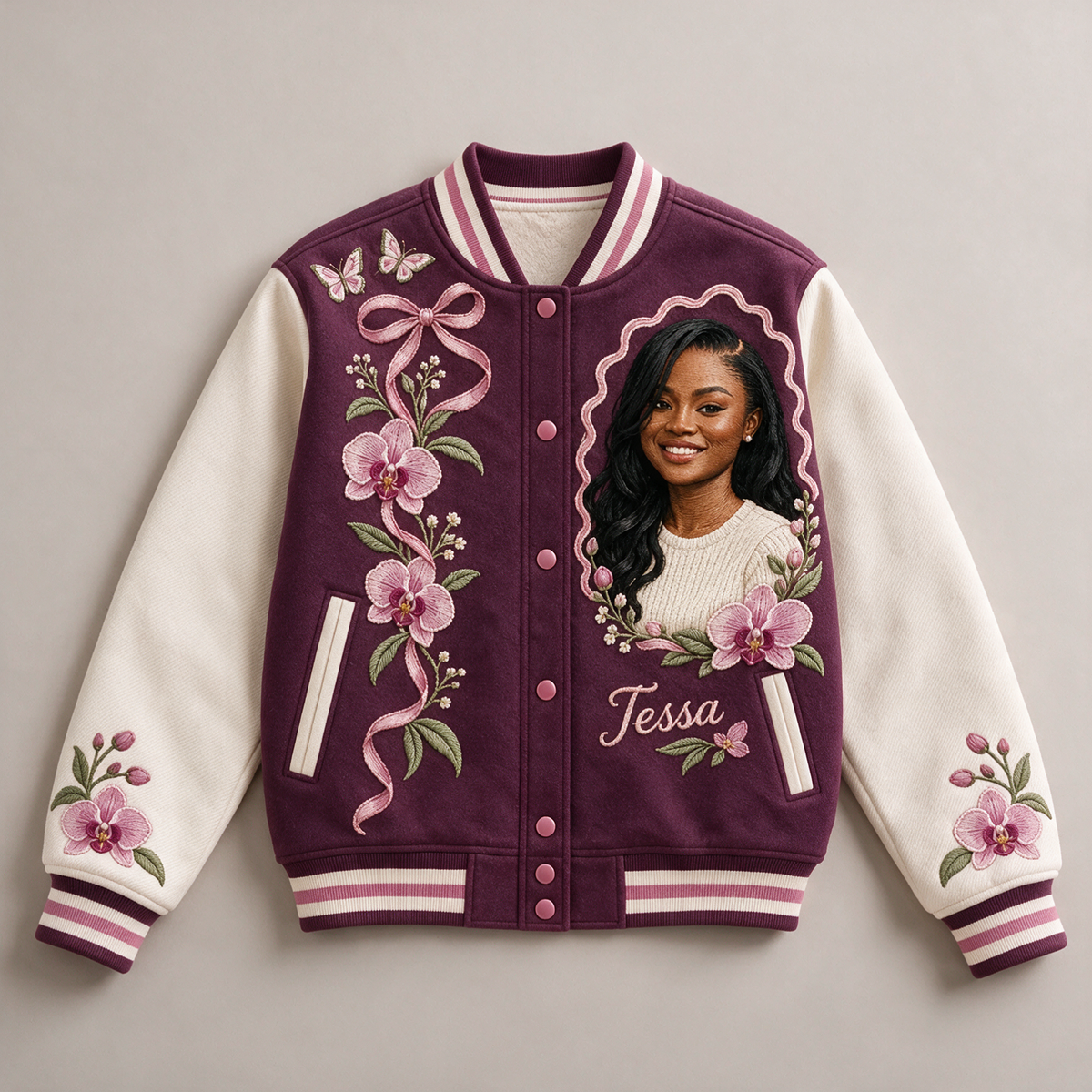 Personalized Orchid Butterfly Varsity Jacket - Women's Birthday Gift with Portrait and Name