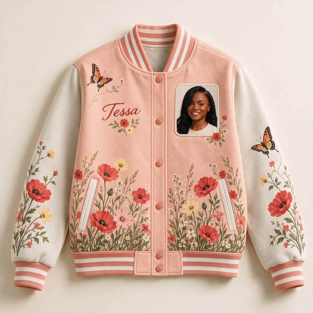 Personalized Poppy Meadow Varsity Jacket - Women's Photo and Name Botanical Design