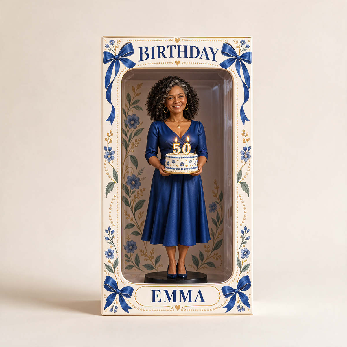 Personalized Custom Photo Blue Ribbon Figurine Display Box - 50th Birthday Gift for Women