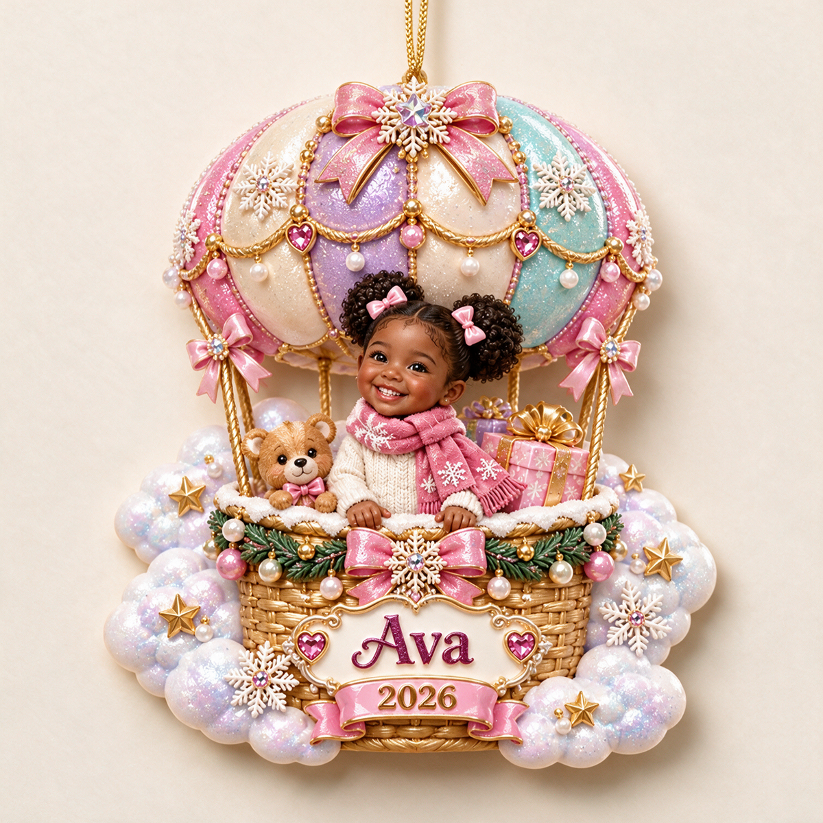 Personalized Custom Photo Hot Air Balloon 3D Ornament - 2026 Christmas Gift for Little Girls