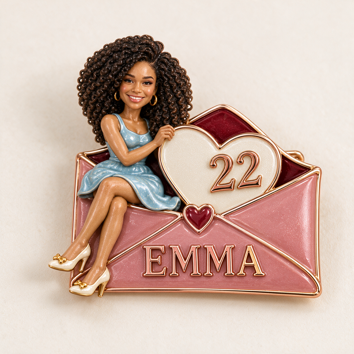 Personalized Birthday Envelope Brooch - Heart Card, Portrait, Name and Age