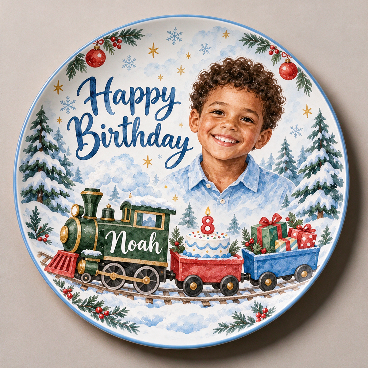 Assiette en céramique de train de Noël personnalisée - Portrait aquarelle d'anniversaire, nom et âge personnalisés
