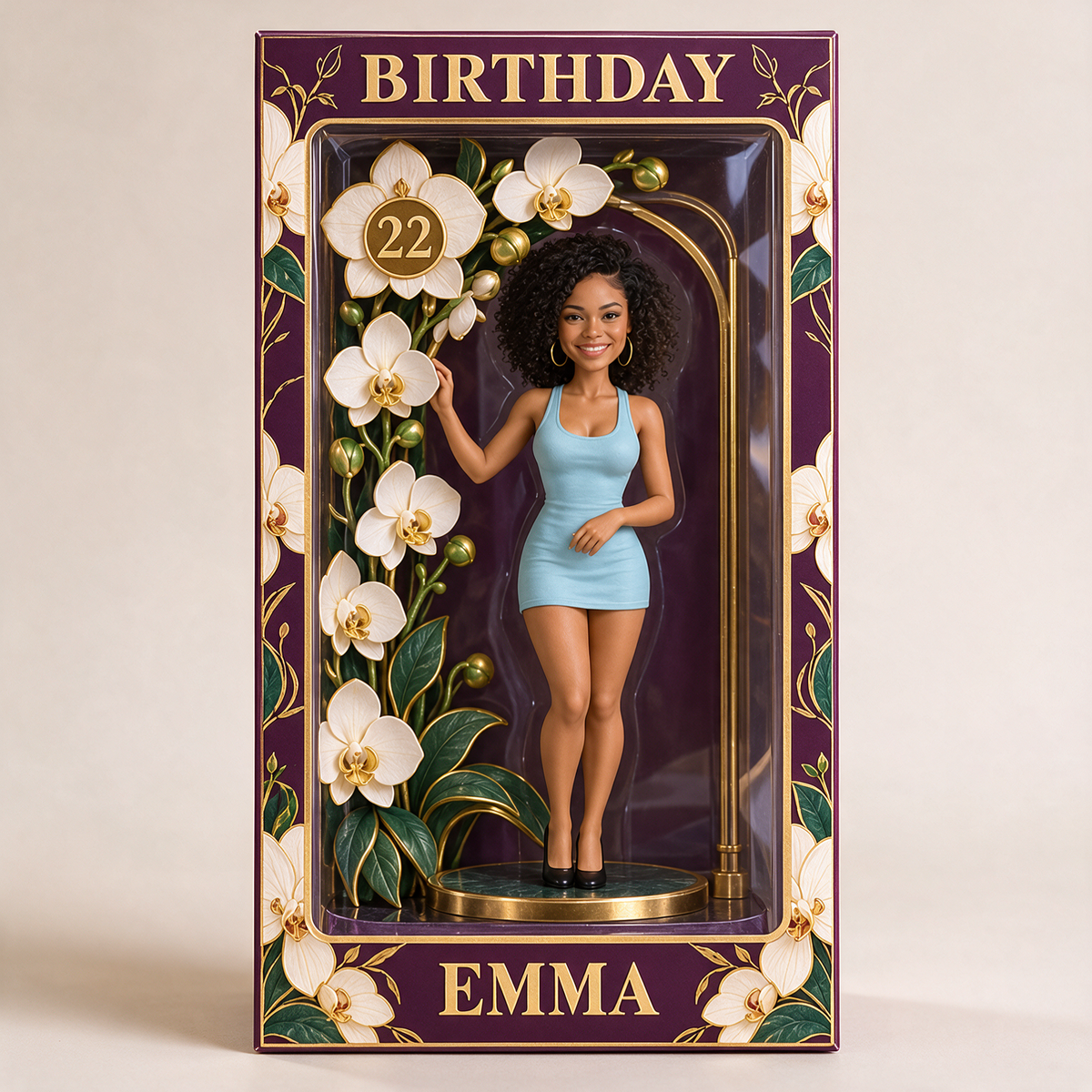 Personalisierte Orchideen-Geburtstagsanzeige - Foto-Porträt-Figur mit Name und Alter