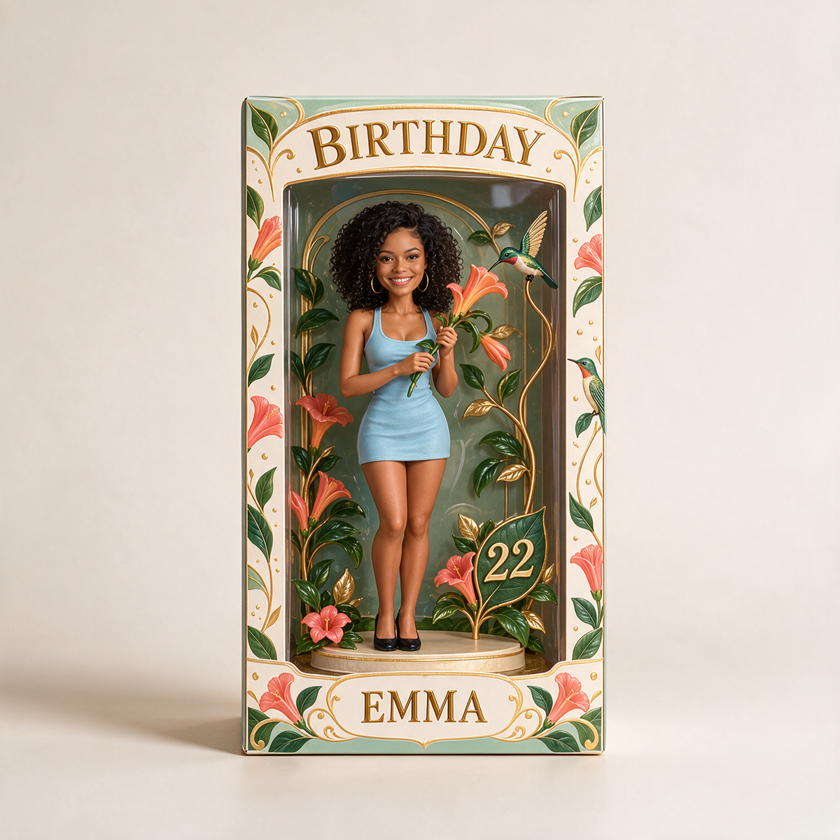 Personalized Birthday Display Box - Portrait Figurine with Hummingbird, Name and Age