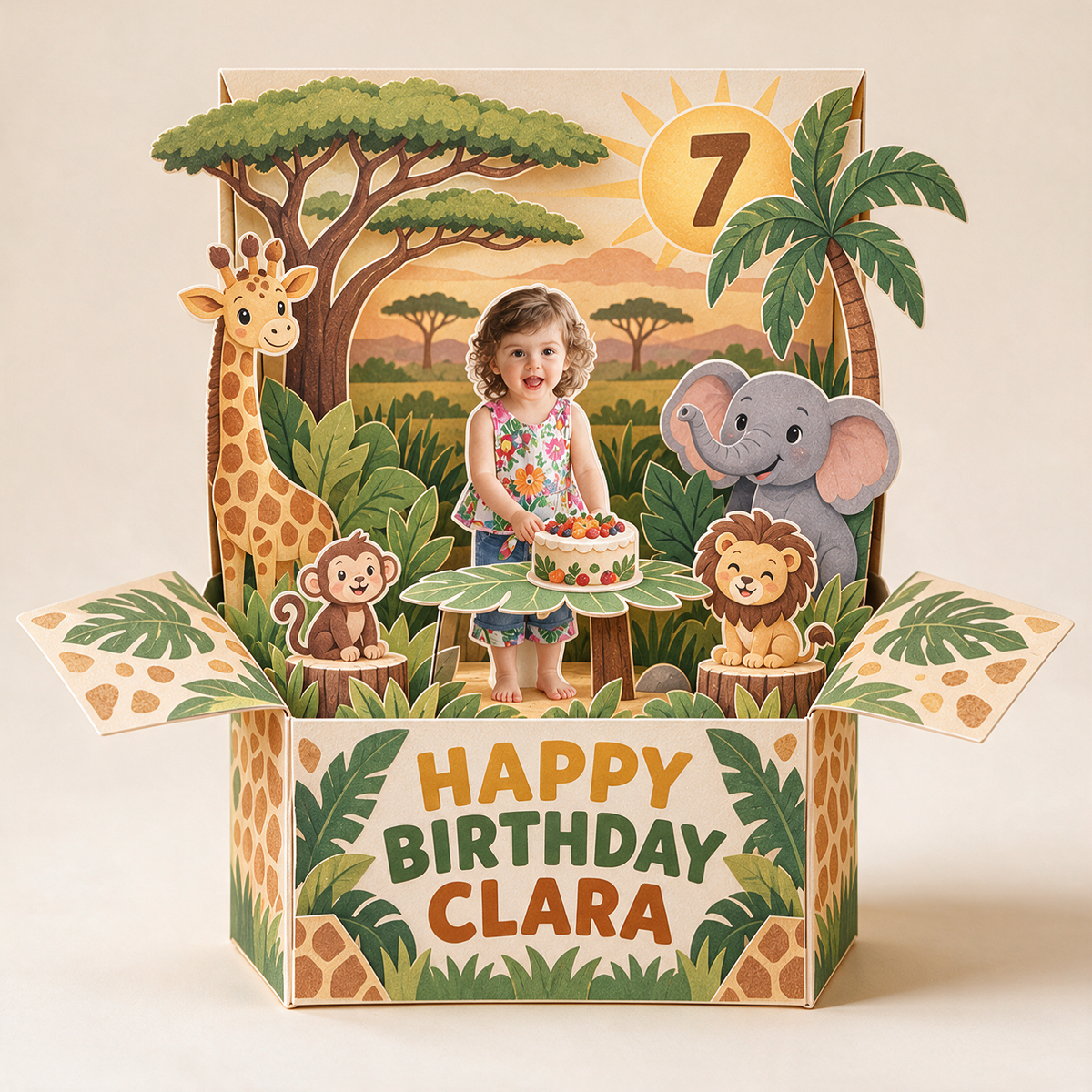 Personalized Safari Birthday Pop Up Box Card - Custom Photo, Name and Age Keepsake