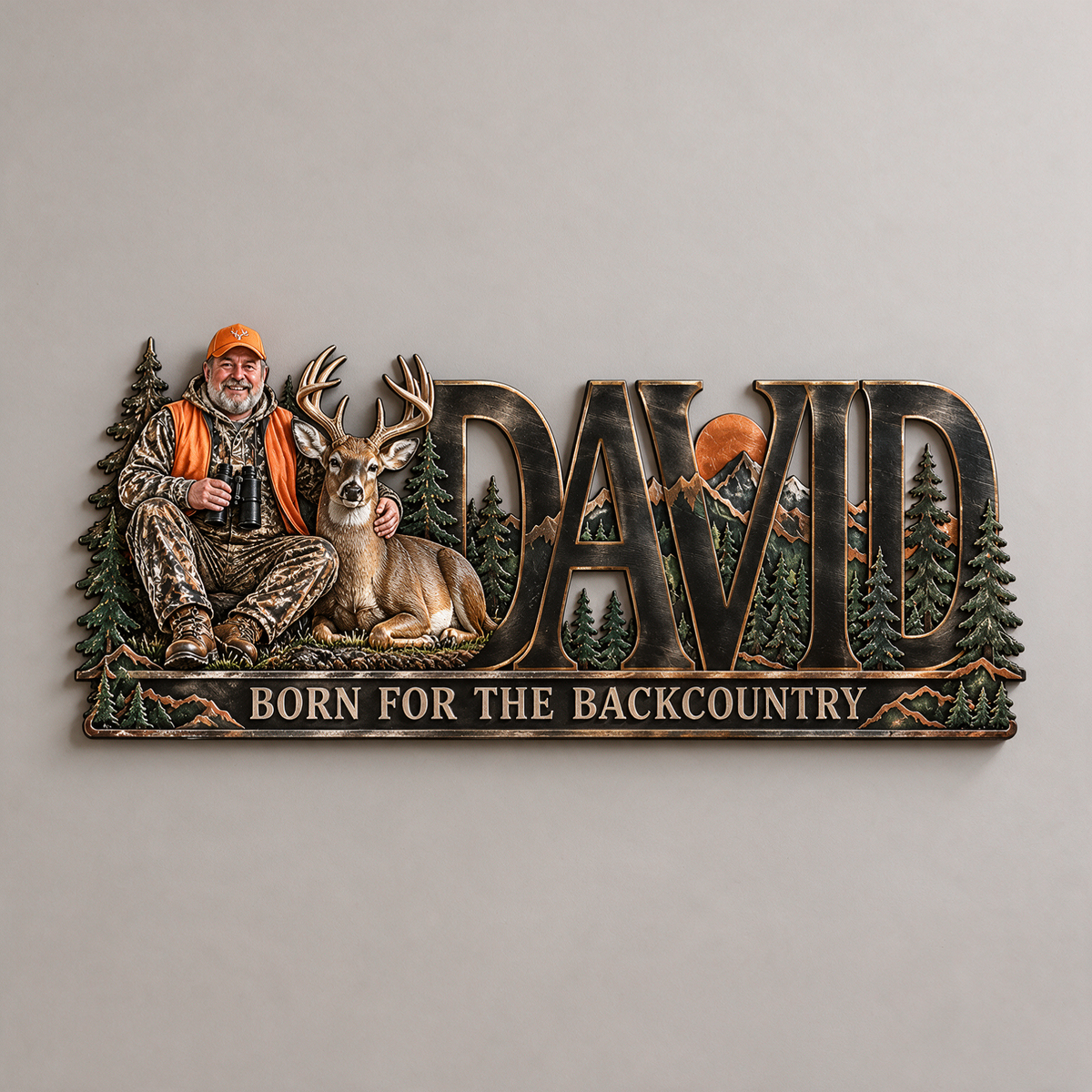 Personalisierte Jagd Metall-Schild - Individuelles Foto und Namens Wandkunst mit Wald- und Bergdesign