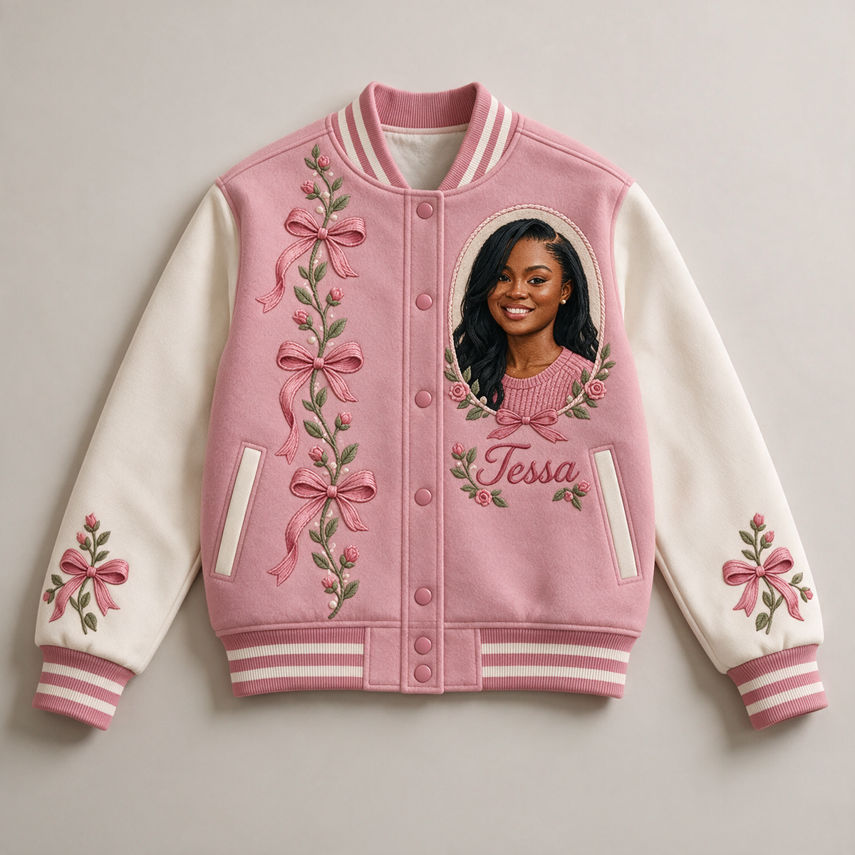 Personalized Rose Bow Varsity Jacket - Women's Birthday Gift with Portrait and Name