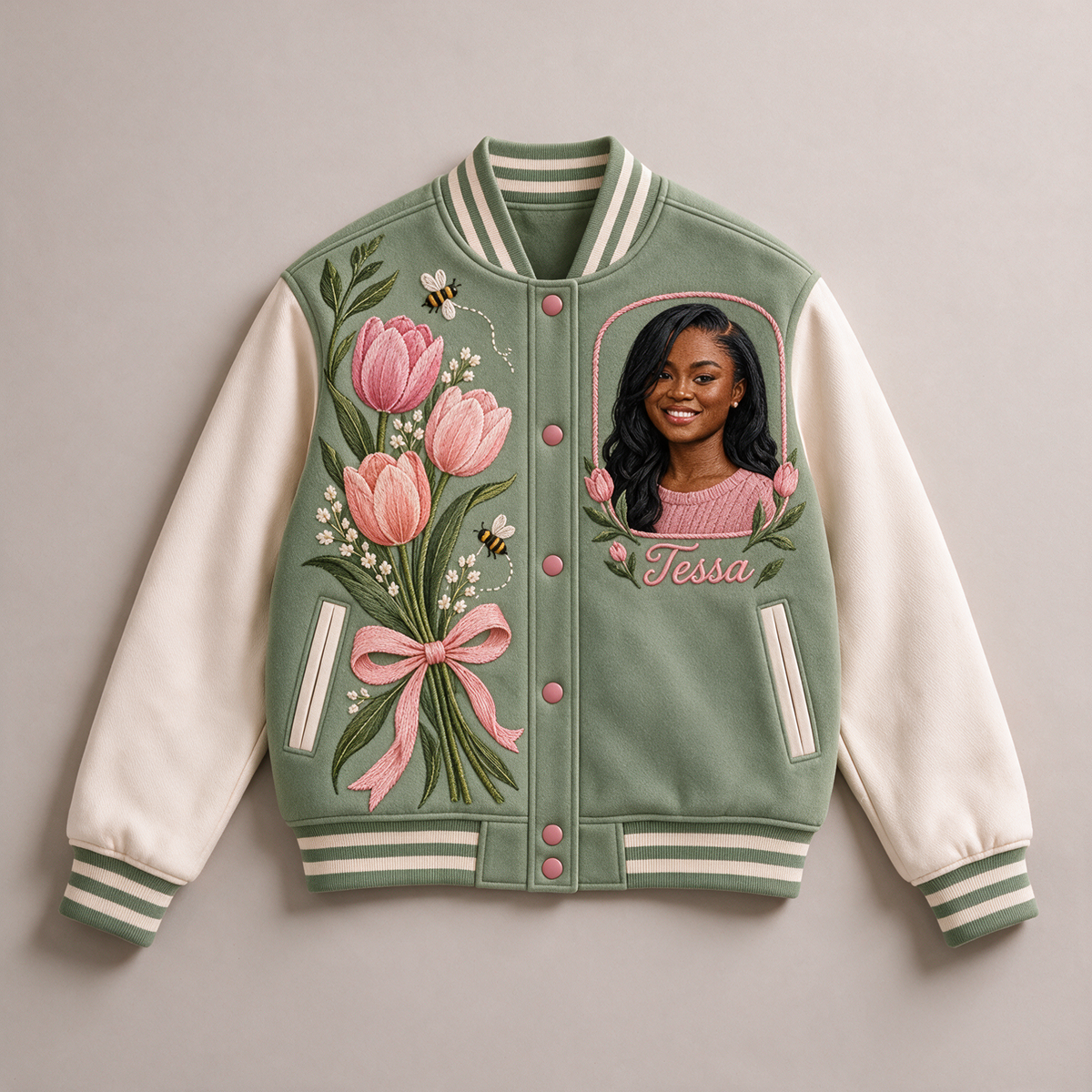Personalized Tulip Bow Varsity Jacket - Women's Birthday Gift with Portrait and Name