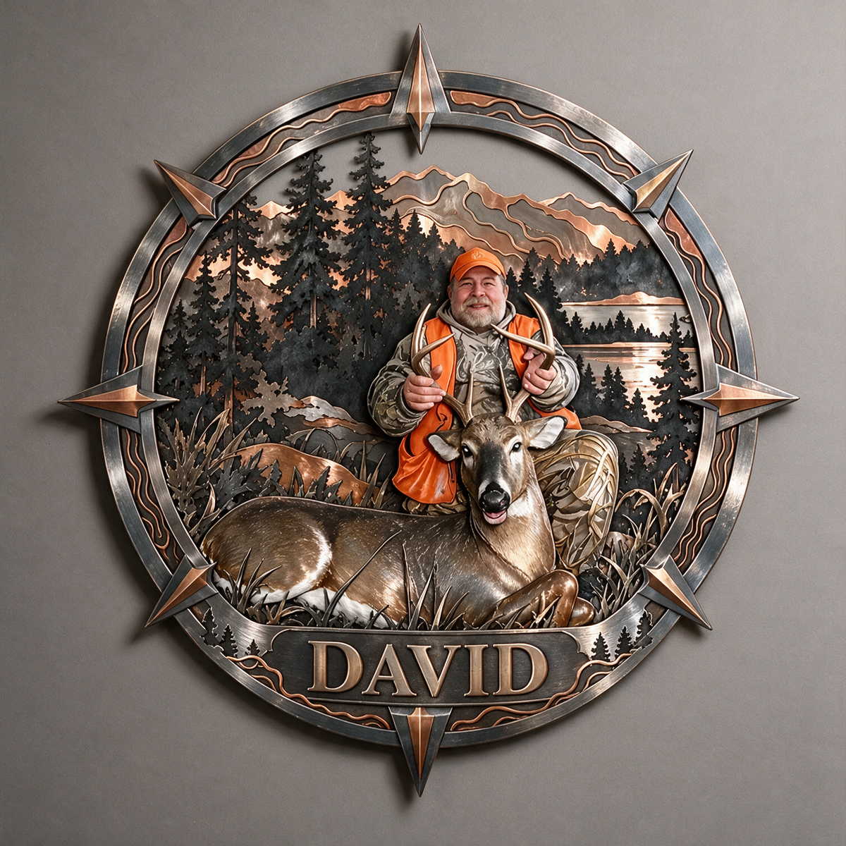 Personalisierte 3D Metall Wandkunst für Jagdfans - Kompassrahmen Geschenk für ältere Männer