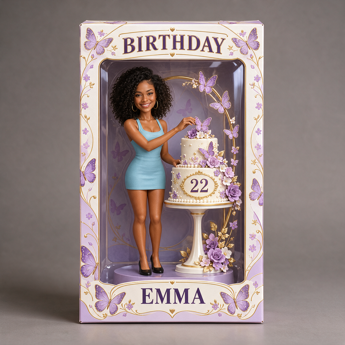 Personalized Birthday Display Box - Portrait Figurine with Butterfly Cake, Name and Age